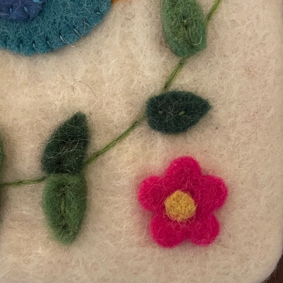 New NEPAL Fair Trade Felted Wool Bird Motif Flower Tiny Purse White Pink Blue - Picture 5 of 12